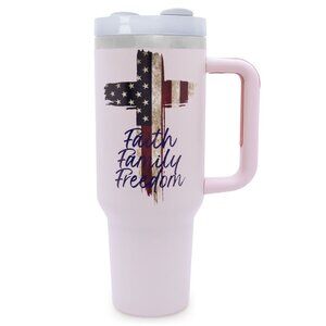Faith Family Freedom Light Pink Patriotic 40 Oz Insulated Tumbler with Handle